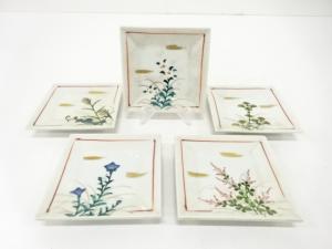 九谷焼　正峰造　絵変わり　花　銘々皿　5客揃